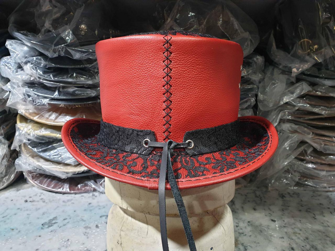 Steampunk Black Crusty Band Red Leather Top Hat on Luulla